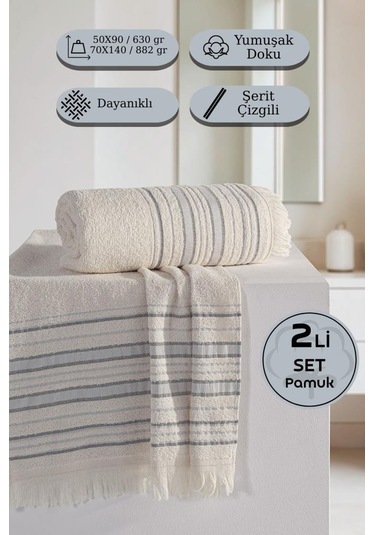Retro %100 Pamuk 2 Li Havlu Takımı - 50x90, 70x140 Gri