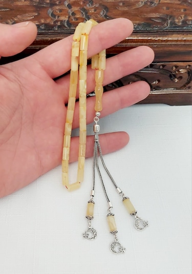 Orjinal Mat Kaya Damla Kehribar Kesme Gümüş Püskül Tesbih 5x10