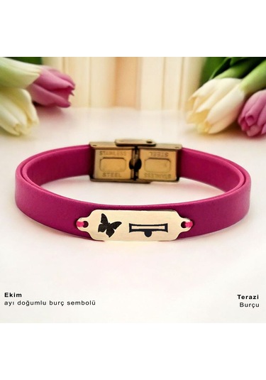 Archin Ekim Ayı Doğumlarına Kelebek Figürlü 14 Ayar Altın Plakalı Pembe Derili Hediye Bileklik-651ay Ekim