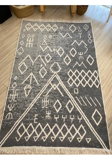 Kilim Çift Taraflı Dokuma Kilim İskandinav Kilim Gri -beyaz