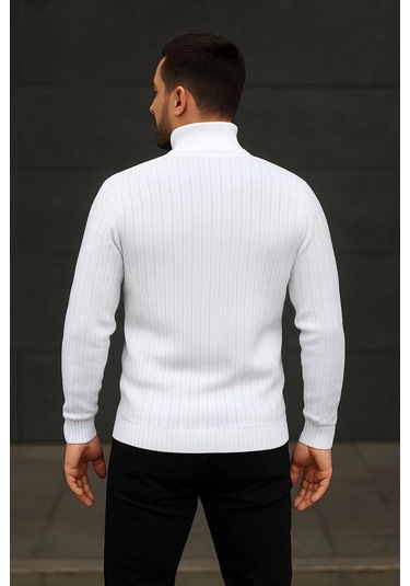 Erkek Fitilli Triko Kazak 2'li Set Beyaz Siyah Regular Balıkcı Yaka Tam Boğazlı Triko Seti Modeli Ka Beyaz Siyah
