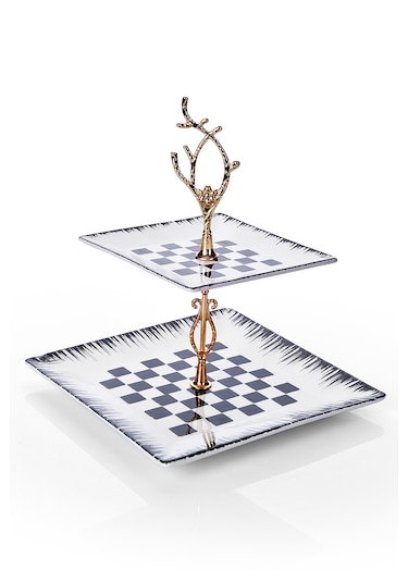 Piatti Naturali Çift Katlı Dama Kurabiyelik Sunum Tabağı Servis Seti İkramlık