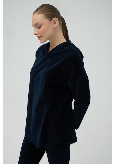 Kadın Uzun Kol Kapüşonlu Kadife Taytlı Lacivert Eşofman Takım C0t2n0o12 001