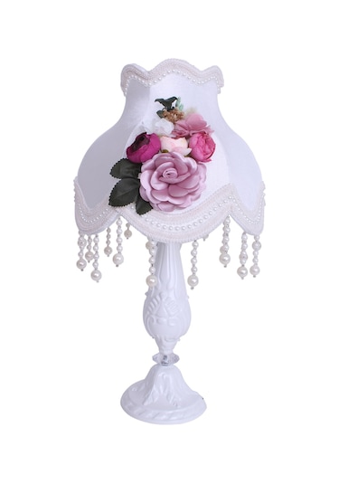 Kadife Kaplı Çiçekli Dekoratif Abajur Beyaz