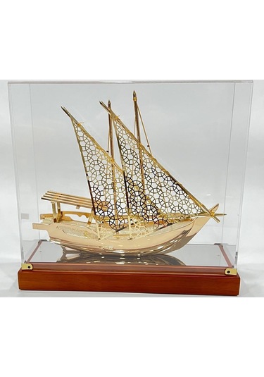Pirinç Yelkenli Gemi Altın Kaplama Katar Dhow Teknesi Kutulu 29cm No.1