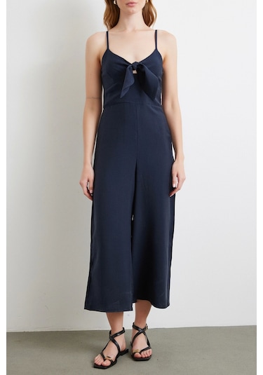 Fiyonklu Askılı Tulum Lacivert Lacivert