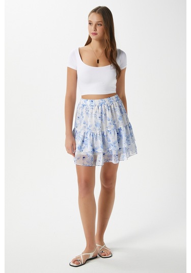 Kadın Juliet Mavi Çiçekli Astarlı Volanlı Mini Şifon Dokuma Etek