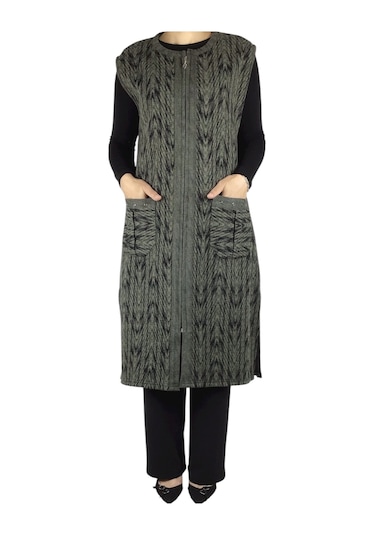 Önü Fermuarlı Desenli Cepli Kalın Kışlık Yelek Yeşil