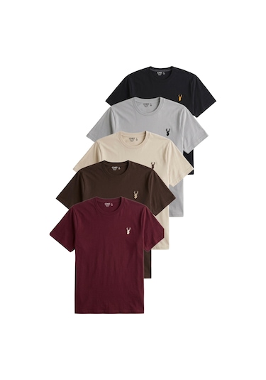 Genius Store Erkek 5'li Tişört %100 Pamuk Süprem Rahat Kalıp Basic Tişört Bisiklet Yaka Nakışlı T-shirt Erkek-5li Siyah-kahve-gri-bej-bordo