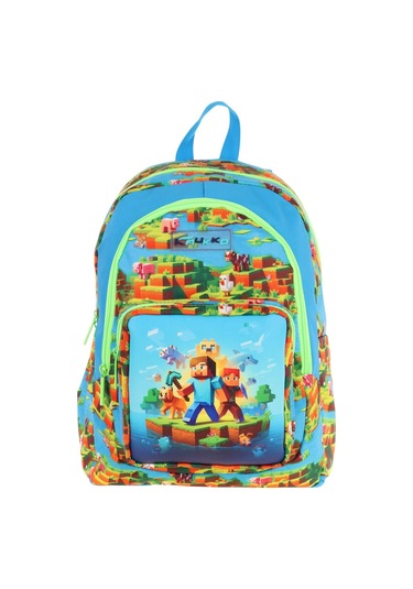 Kaukko Kids Üç Bölmeli Mavi Yeşil - Craft Baskılı Erkek Çocuk Okul Ve Günlük Sırt Çantası - L5280 Mavi - Yeşil