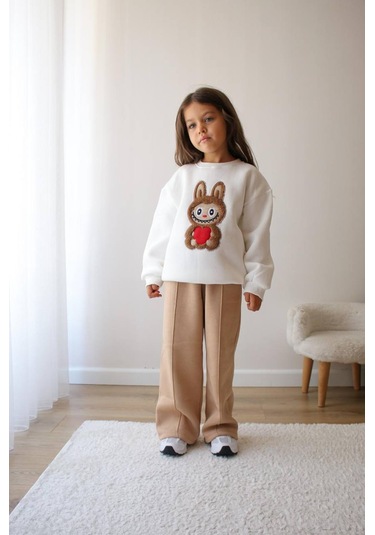 Kız Çocuk 3 İplik Şardonlu Peluş Baskı Detaylı Sweatshirt - Eşofman Alt Üst Takım Ekru