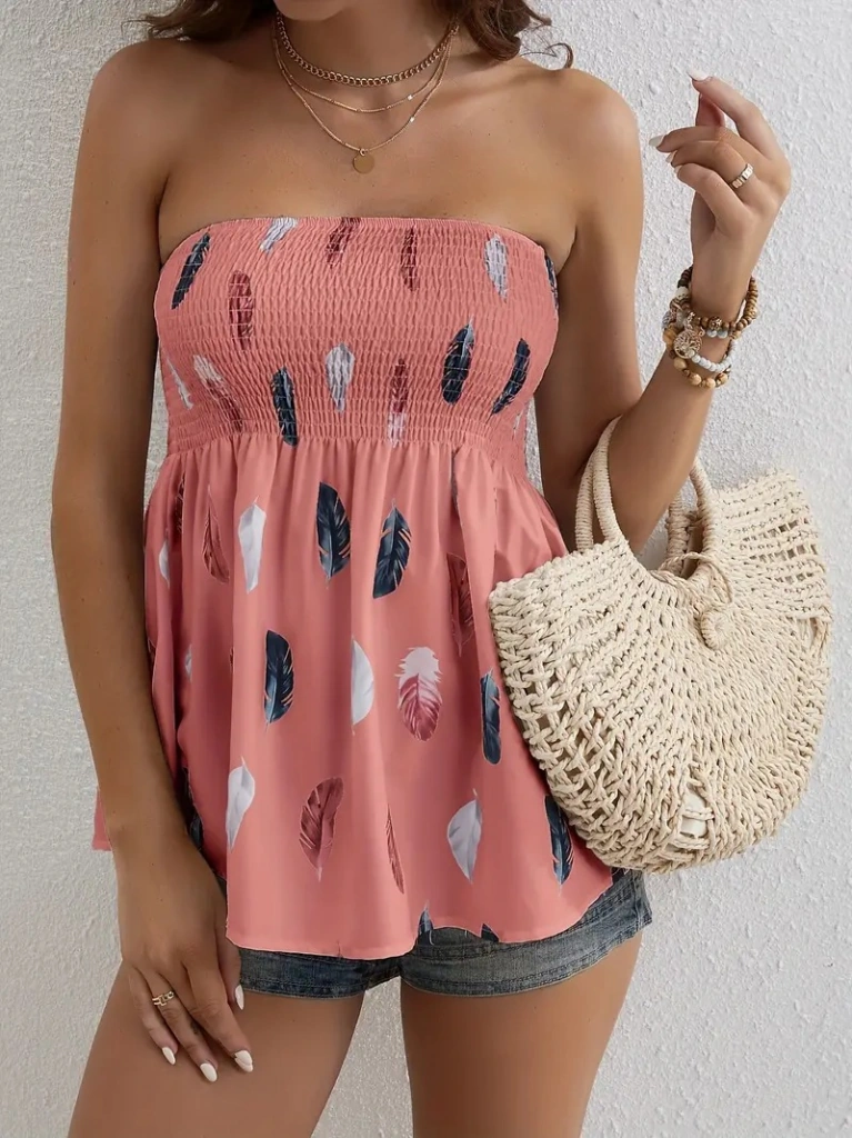 Nova Bazaar Kadın Yaprak Desenli Göğsü Gipeli Mosskrep Straplez Bluz Pembe