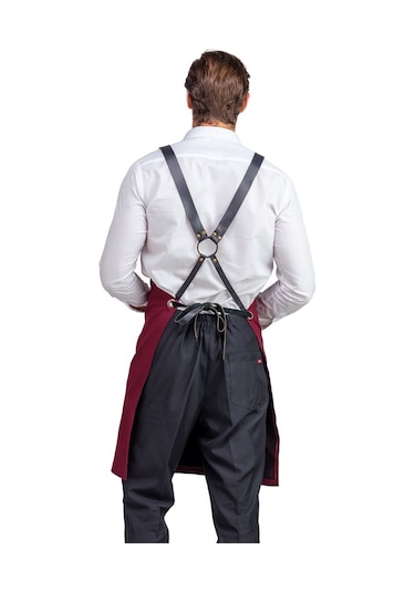 Barista Tek Cepli Bordo Deri Askılı Önlük
