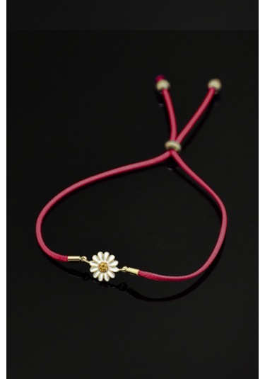 Kadın 925 Ayar Gümüş Kırmızı İpli Asansörlü Papatya Bileklik