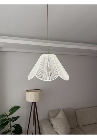 Hasır El Yapımı Bohem Çiçek Şekilli Rustik Avize - Beyaz Beyaz