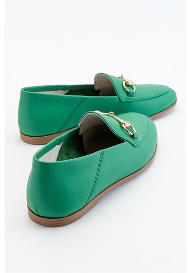 Luvishoes F03 Koyu Yeşil Cilt Hakiki Deri Kadın Babet Koyu Yeşil