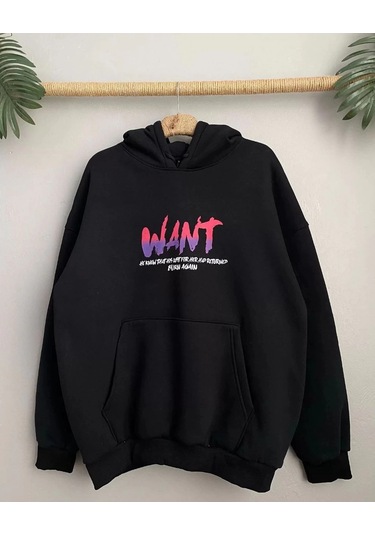 Baskılı Üç İplik Kapüşonlu Oversize Sweatshirt - Siyah Siyah