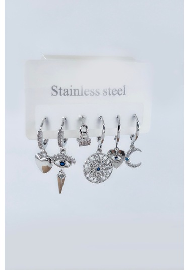 Kadın Vip Seri Antialerjik Zirkon Taşlı 6'lı Küpe-5307 Gümüş