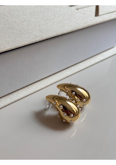 İncili Damla Form Gold Kadın Küpe Altın