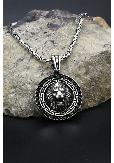Grek Desenli Aslan Figürlü 925 Ayar Gümüş Kolye Kral Zincir 2mm 902422 Gümüş