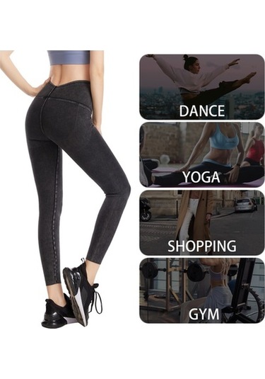 Fortunelane Kadınlar İçin Yüksek Bel Gövde Vurgulayan Esnek Yoga Spor Tayt - Lacivert Koyu Mavi Koyu Mavi