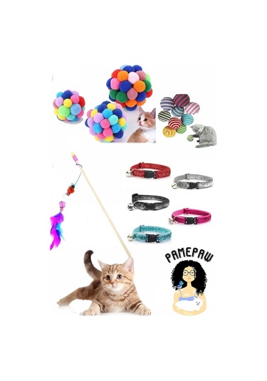 Pet Kedi Oyun Oltası 90 Cm Ve Ip Sarma Topu Ve Kedi Renkli Tasma Ve Xxl Ponponlu Kedi Oyuncağı