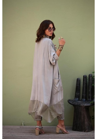 Italyan Ipek Detaylı Oversize Kaftan & Bluz-8711 Vizon