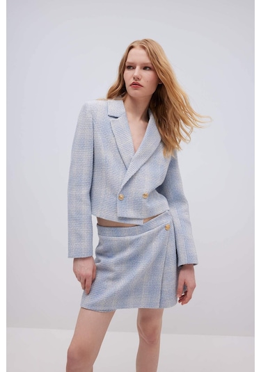 Defacto Yüksek Bel Kareli Tweed Mini Şort Etek C5532AX24SMBE503 Mavi