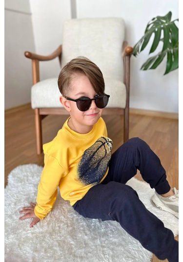 Basketball Yazı Desenli Sarı Renk Erkek Çocuk Eşofman Takımı Sarı