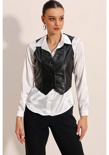 6790 Suni Deri Yelek - Siyah Siyah