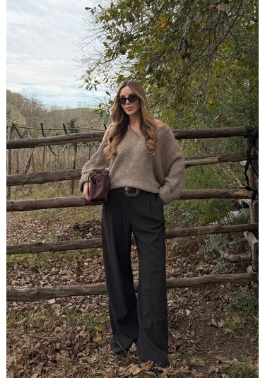 Vizon Kayık Yaka Kazak - 4338 Vizon