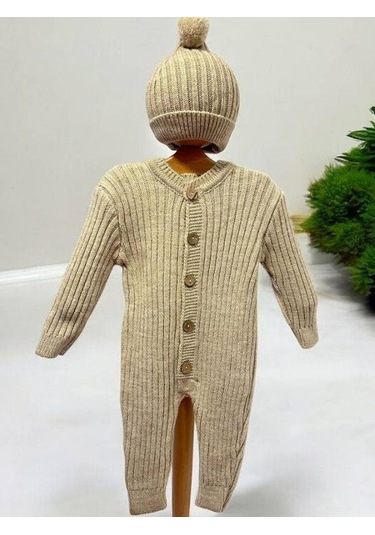 Bebek Örgü Fitilli Bereli Kışlık Tulum-15298 Bej