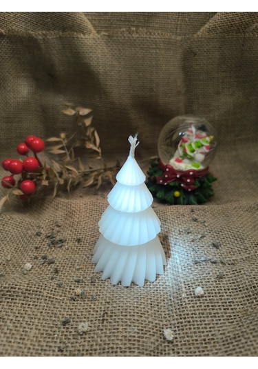 Çam Ağacı Desenli Yılbaşı Konseptli Dekoratif Mum, Tek Renk Beyaz