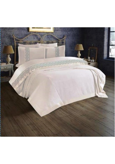 Finezza Beatrice Şönil Kumaş Kreme Mint Bantlı Çift Kş.Yatak Örtü Mint Yeşili