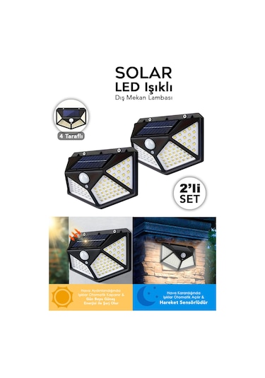 2 Adet Güneş Enerjili Duvar Lambası - Solar 100 Led Işık 3 Modlu Hareket Sensörlü Bahçe Aydınlatma Siyah