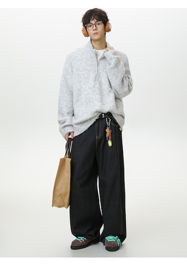 Erkekler İçin Yarım Fermuarlı Dik Yaka Kazak, Sonbahar Ve Kış İçin Kalın Ve Sıcak Örme Kazak Koyu Gri