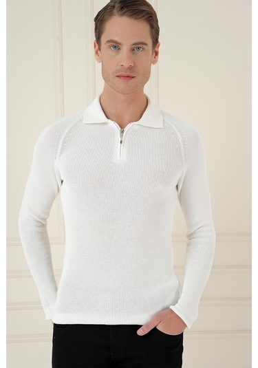 Tr 878 Triko Slim Fit Ekru Basic Ekru