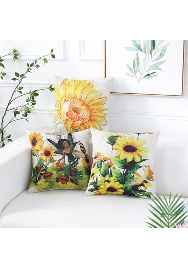 Reedark Çiçek Desenli Keten Yastık Kılıfı - Ayçiçeği Baskılı Ev Ofis Dekorasyonu, 45x45 Cm Diğer