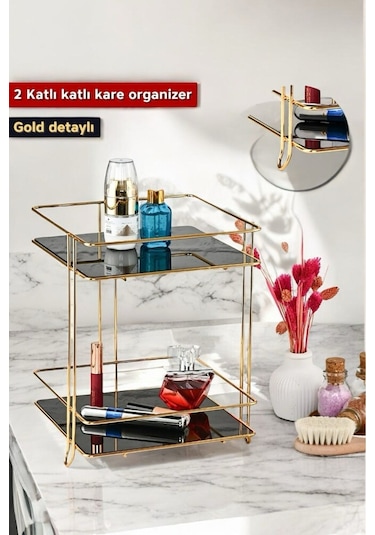 Morponi İki Katlı Kare Banyo Kozmetik Takı Düzenleyici Çok Amaçlı Organizer Gold Gold