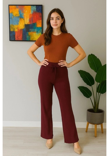 Kadın Yüksek Bel Triko Pantolon Bordo