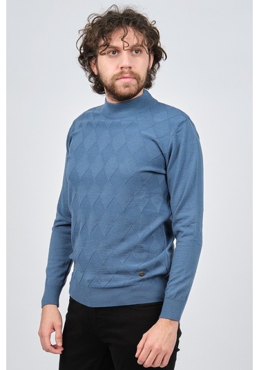 Çizgi Triko Erkek Yarım Balıkçı Baklava Desenli Kazak 42564257 Ma Mavi