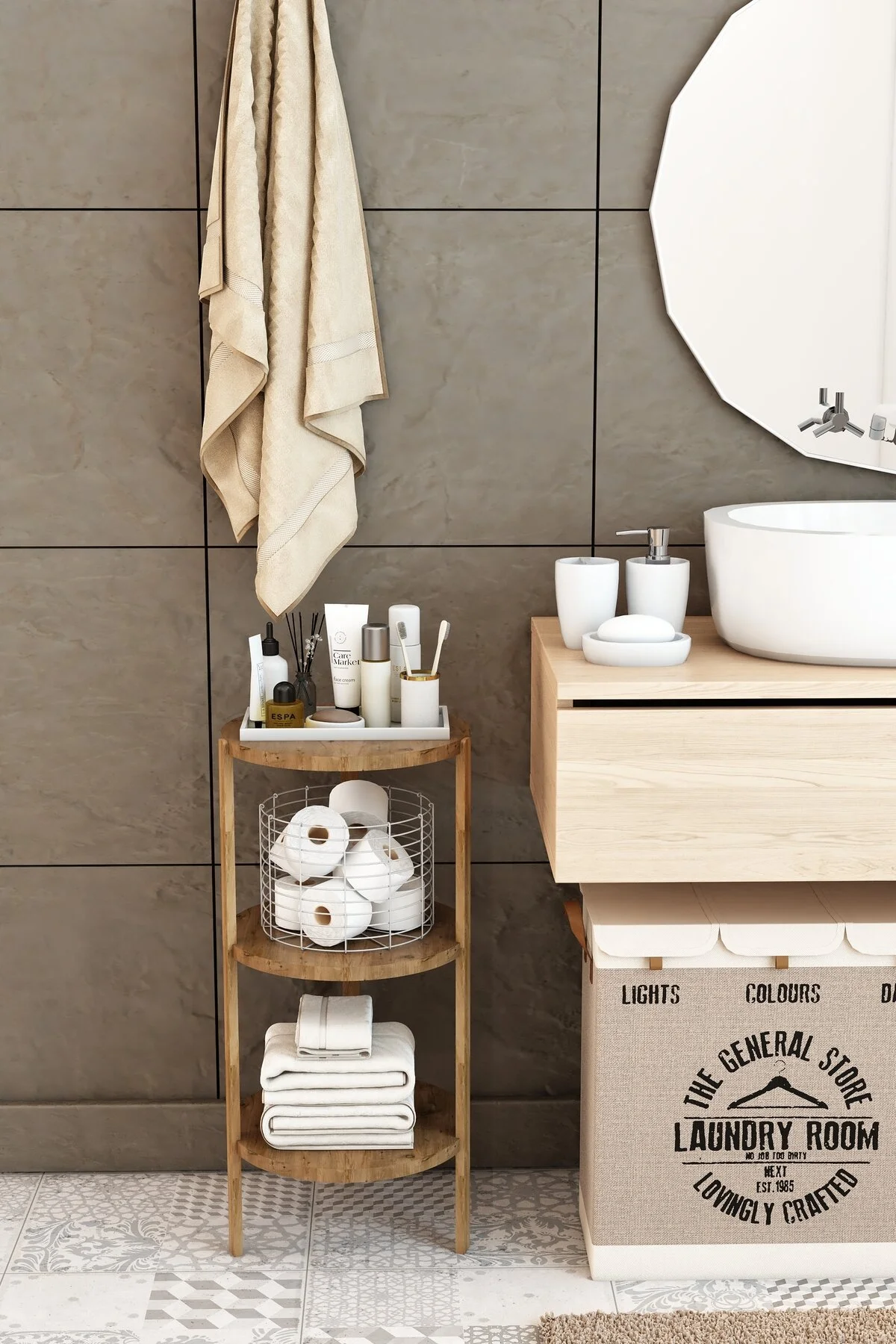 Miray 3 Raflı Yuvarlak Ahşap Sehpa / Çok Amaçlı Kullanım / Yüksek Kalite, Şık Tasarım Atlantik Çam