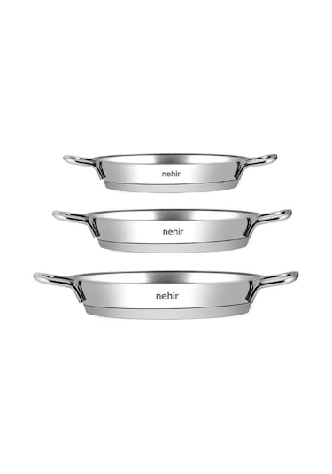 Nehir Paslanmaz Çelik Sahan Seti - 3 Lü Yumurta Sahanı Tavası 16-18-20 Cm 3 Boy Gri