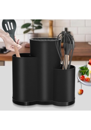 Pazly Siyah Mutfak Düzenleyici Bıçak Tutucu Standı, Blok, Süzgeç, Kaşık Çatal Saklama Kutusu Siyah