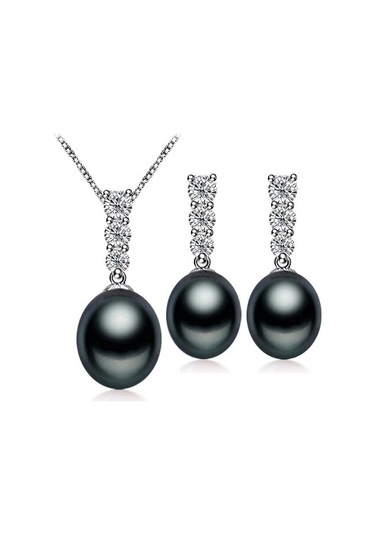 Siyah Lsooyh Klasik Doğal Tatlı Su Inci Kolye Kübik Zirkonya Uzun Küpe Inci Takı Setleri Siyah