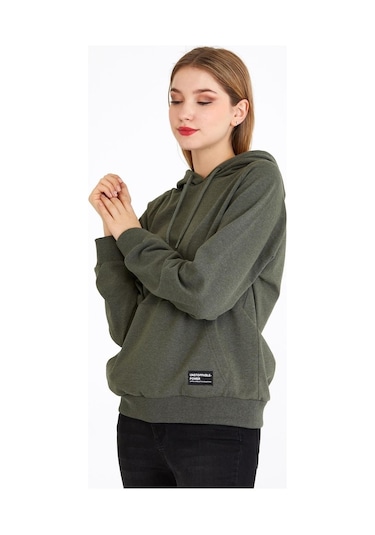 MMetalic Kadın Haki Renk Kapüşonlu Basic Örme Sweatshirt