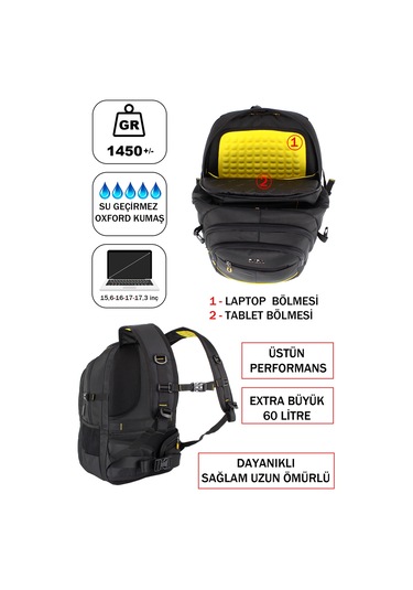 Dada 09 17,3 inç Siyah Laptop Sırt Çantası 60 Litre Usb Typc-E Aparat Darbe Emici Koruma