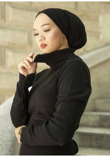 Kadın Boğazlı Uzun Fitilli Triko Dokuma Elbise - Siyah Siyah