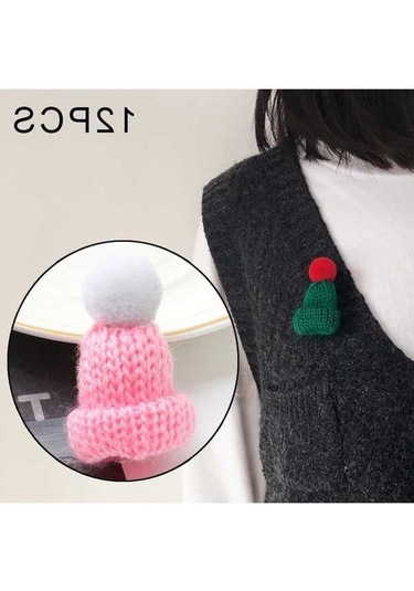 Flybuy 12 Adet Sevimli Örgü Tüy Rozet Pins - Şapka, Kazak, Pembe Pembe