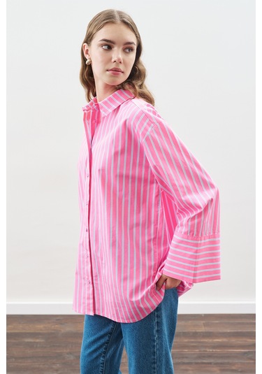 Çizgili Pamuklu Gömlek Pembe Çizgi Pembe Çizgi